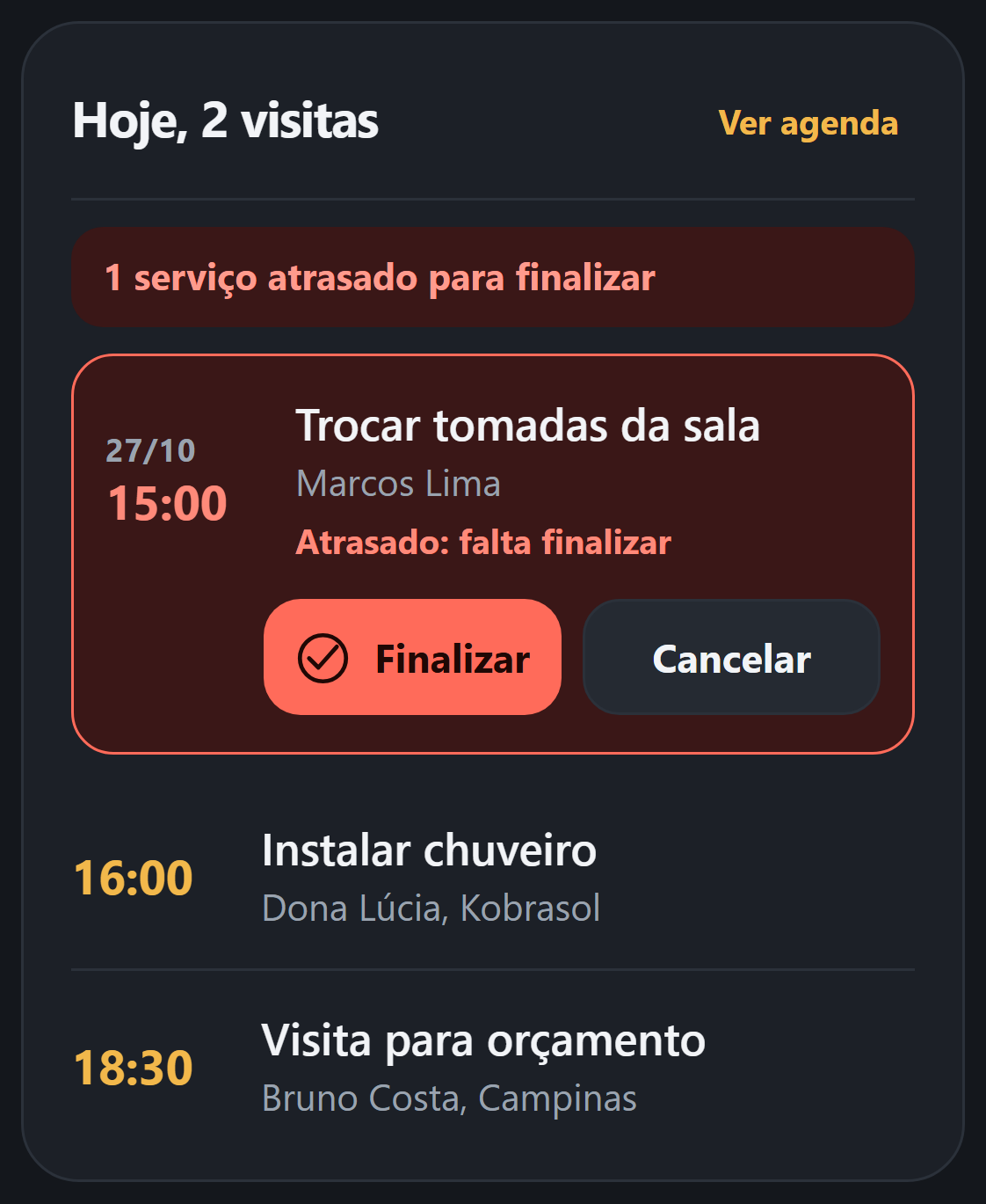 Agenda do dia com um serviço atrasado em vermelho e os botões Finalizar e Cancelar