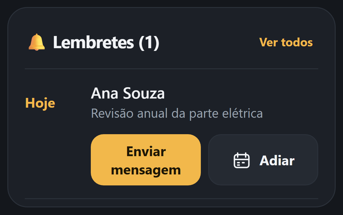 Cartão de lembretes com os botões Enviar mensagem e Adiar